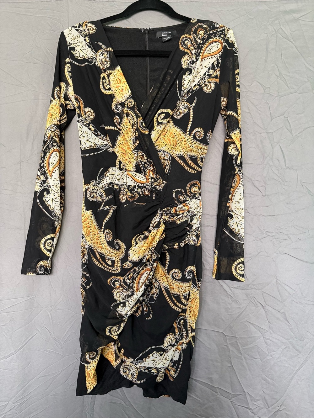 Guess by Marciano Black Long-Sleeve Paisley Ruched Faux-Wrap Dress